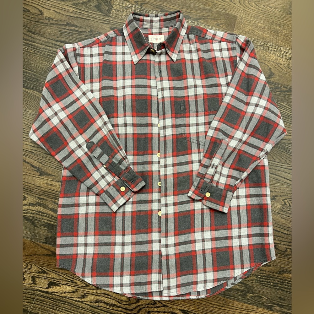 Men’s J. Crew Grey and Red Plaid Button Down Shirt